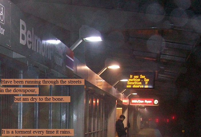 Rainy night on the Belmont L station platform