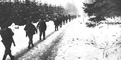 Troops marching through the snow