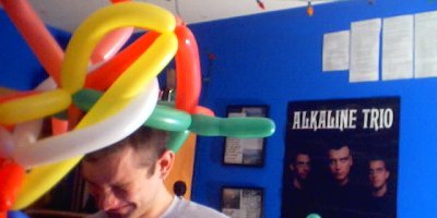 The author covered in balloons